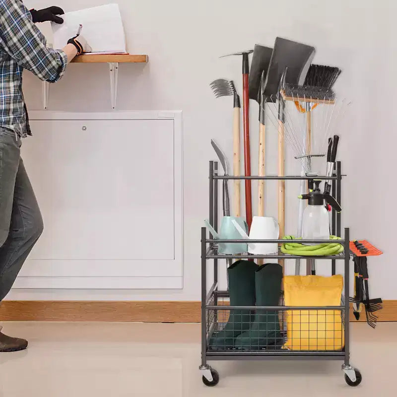 Organizzatore attrezzi da giardino VEVOR, 16 scomparti con ganci, porta attrezzi da giardino a torre con ruote per organizzazione e stoccaggio in garage, per attrezzi a manico lungo/rastrelli