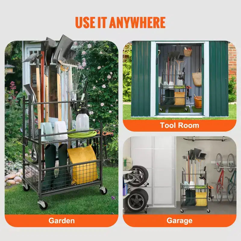 Organizzatore attrezzi da giardino VEVOR, 16 scomparti con ganci, porta attrezzi da giardino a torre con ruote per organizzazione e stoccaggio in garage, per attrezzi a manico lungo/rastrelli