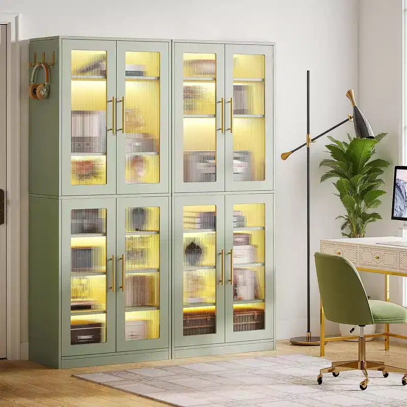 Libreria bianca MAYEERTY con luci LED, mobile espositivo con ante in acrilico e luce RGB controllabile da remoto