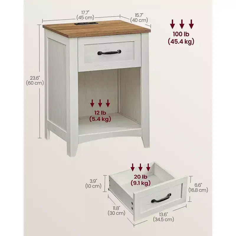 LIRY Set di 2 comodini da fattoria con stazione di ricarica USB, cassetto e ripiano aperto, tavolino da notte per l'arredamento della casa, Grigio Nebbia