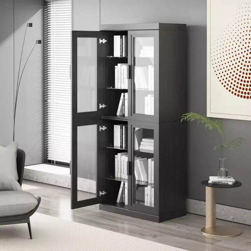 72x31x16 Credenza in legno con ante in vetro, armadietto contenitore nero con ripiani regolabili per cucina, camera da letto, soggiorno/sala da pranzo