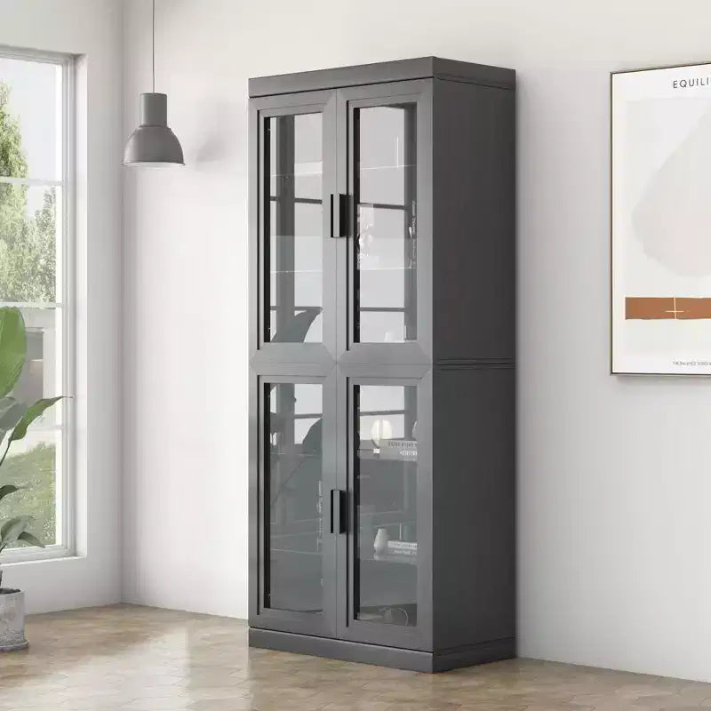 72x31x16 Credenza in legno con ante in vetro, armadietto contenitore nero con ripiani regolabili per cucina, camera da letto, soggiorno/sala da pranzo