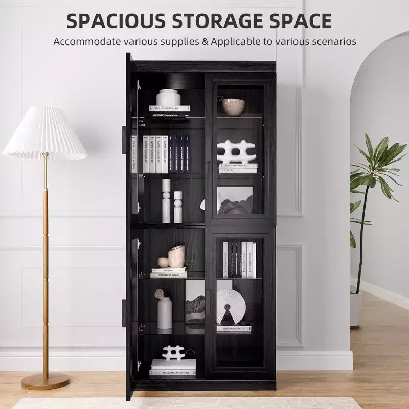 72x31x16 Credenza in legno con ante in vetro, armadietto contenitore nero con ripiani regolabili per cucina, camera da letto, soggiorno/sala da pranzo