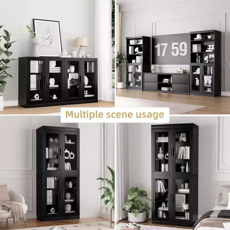 72x31x16 Credenza in legno con ante in vetro, armadietto contenitore nero con ripiani regolabili per cucina, camera da letto, soggiorno/sala da pranzo
