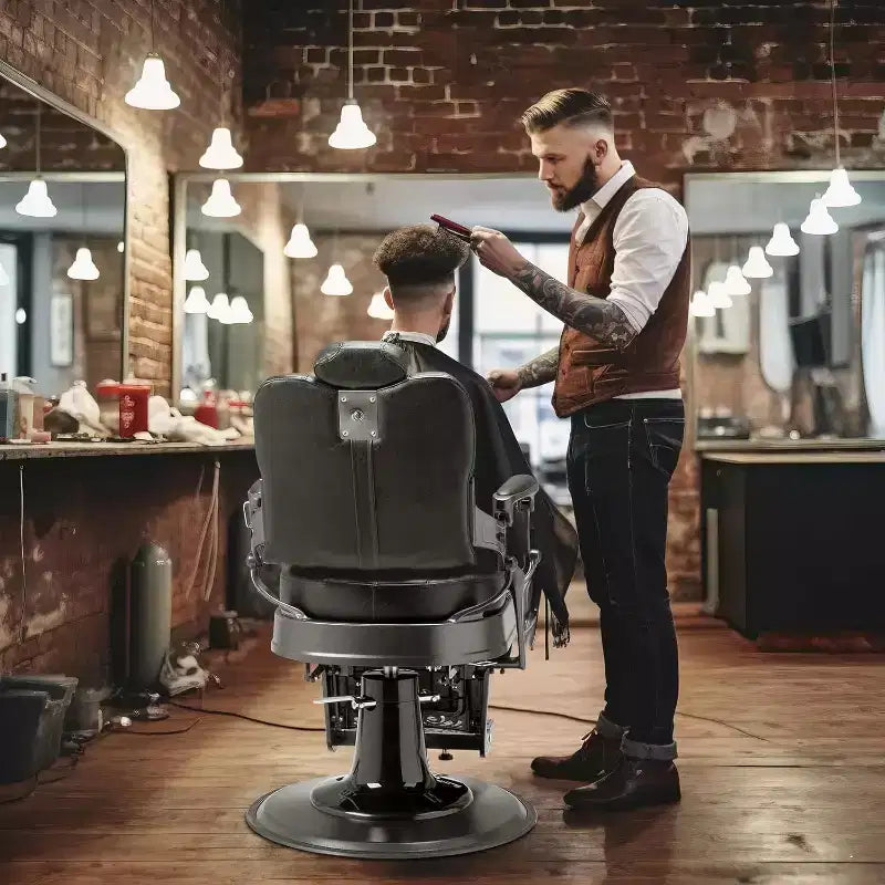 Sedia da barbiere idraulica reclinabile ergonomica Karl Home Attrezzatura da salone per parrucchieri e spa in nero con braccioli