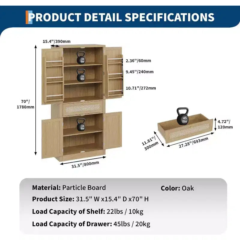 Dispensa da Cucina in Rattan Alta 183 cm con Cassetto, Ripiani Regolabili, Mobile Stile Rustico, Per Cucina, Sala da Pranzo, Bagno