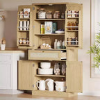 Dispensa da Cucina in Rattan Alta 183 cm con Cassetto, Ripiani Regolabili, Mobile Stile Rustico, Per Cucina, Sala da Pranzo, Bagno