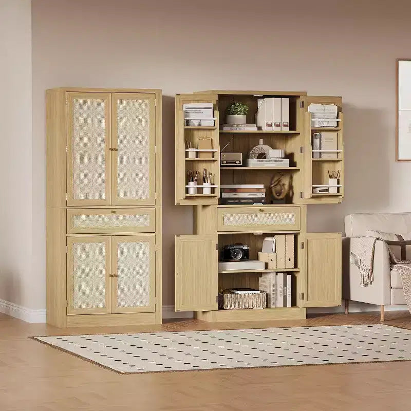 Dispensa da Cucina in Rattan Alta 183 cm con Cassetto, Ripiani Regolabili, Mobile Stile Rustico, Per Cucina, Sala da Pranzo, Bagno