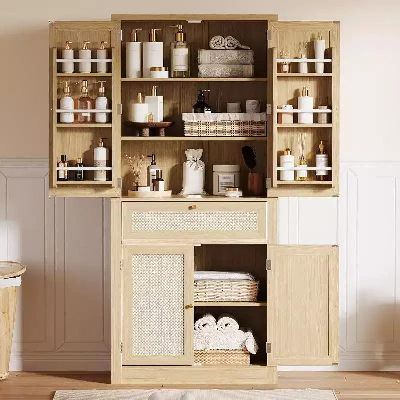 Dispensa da Cucina in Rattan Alta 183 cm con Cassetto, Ripiani Regolabili, Mobile Stile Rustico, Per Cucina, Sala da Pranzo, Bagno