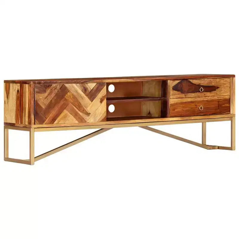 vidaXL Mobile TV Marrone in Legno Massello di Sheesham, Ferro verniciato a polvere color ottone
