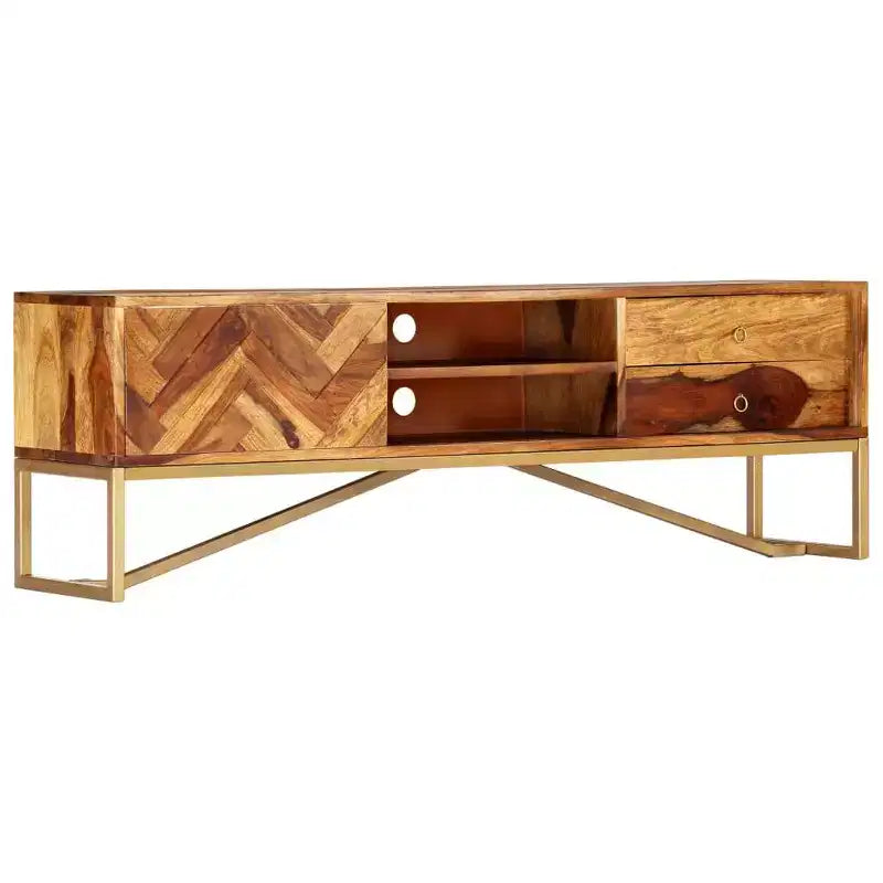 vidaXL Mobile TV Marrone in Legno Massello di Sheesham, Ferro verniciato a polvere color ottone