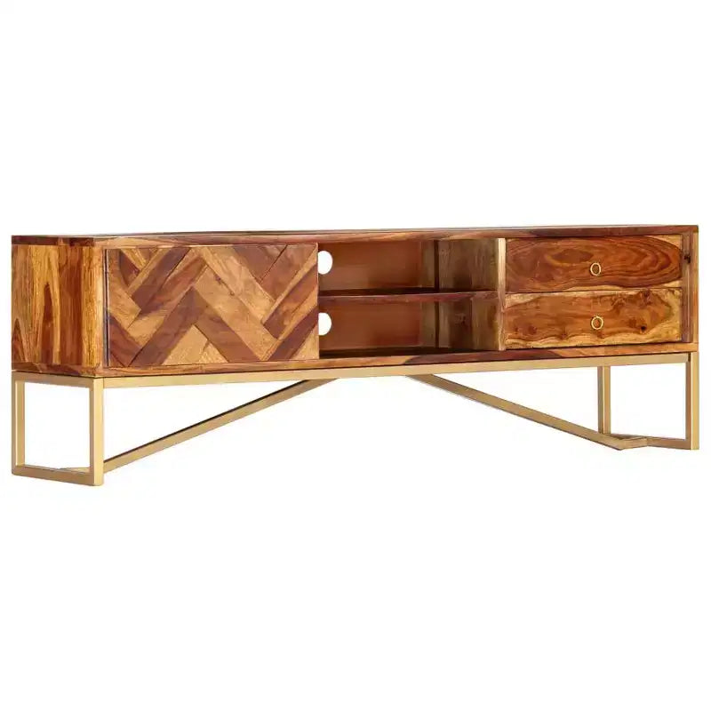vidaXL Mobile TV Marrone in Legno Massello di Sheesham, Ferro verniciato a polvere color ottone