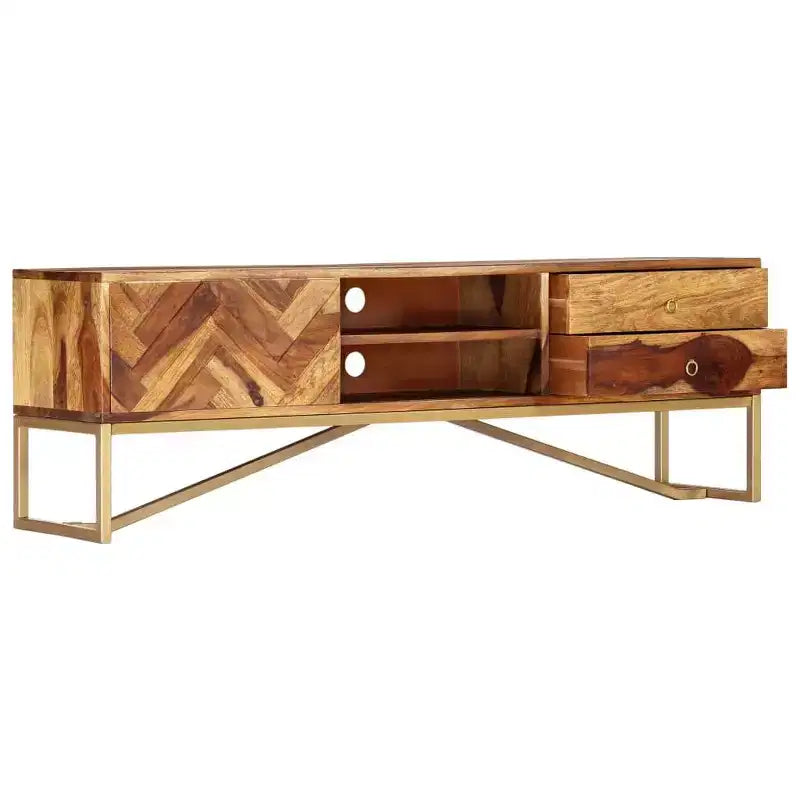 vidaXL Mobile TV Marrone in Legno Massello di Sheesham, Ferro verniciato a polvere color ottone