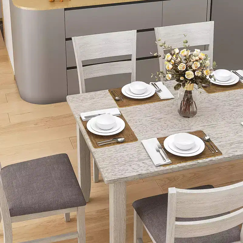 Set tavolo da pranzo VECELO in stile rustico, tavolo in legno di gomma con 4/6 sedie imbottite, grigio