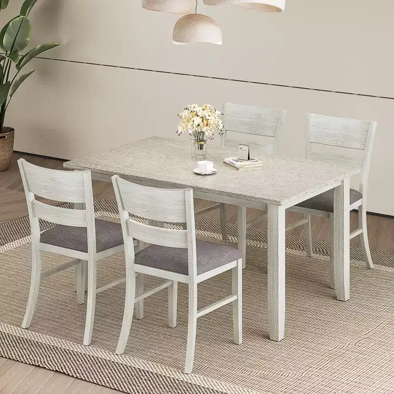 Set tavolo da pranzo VECELO in stile rustico, tavolo in legno di gomma con 4/6 sedie imbottite, grigio