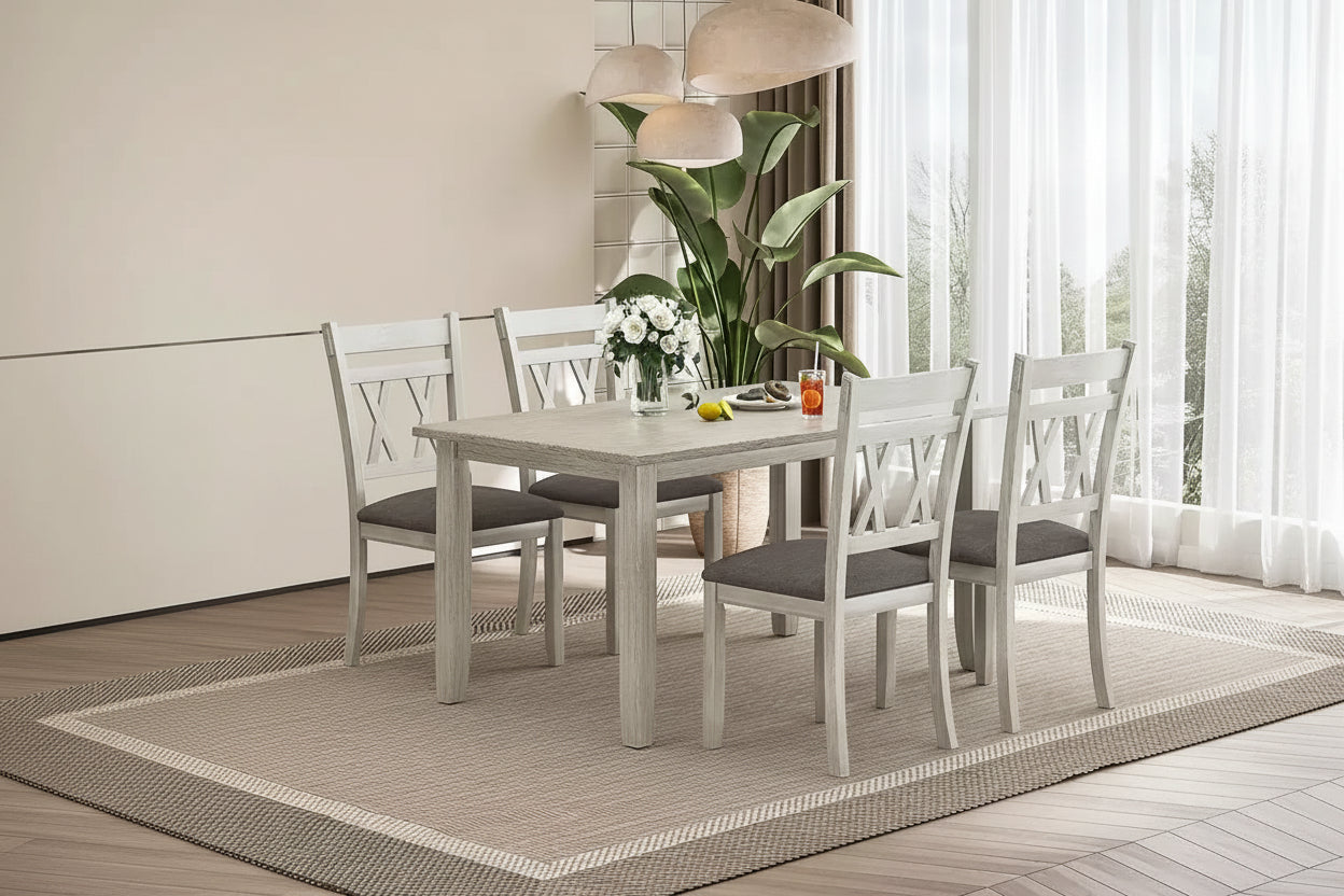 Set tavolo da pranzo VECELO in stile rustico, tavolo in legno di gomma con 4/6 sedie imbottite, grigio