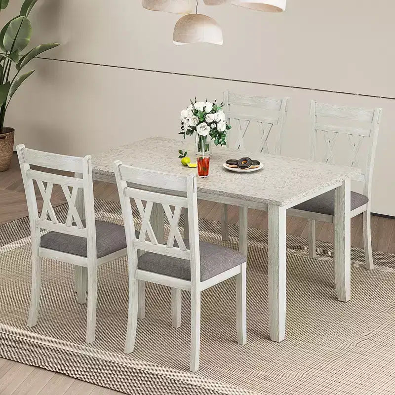 Set tavolo da pranzo VECELO in stile rustico, tavolo in legno di gomma con 4/6 sedie imbottite, grigio