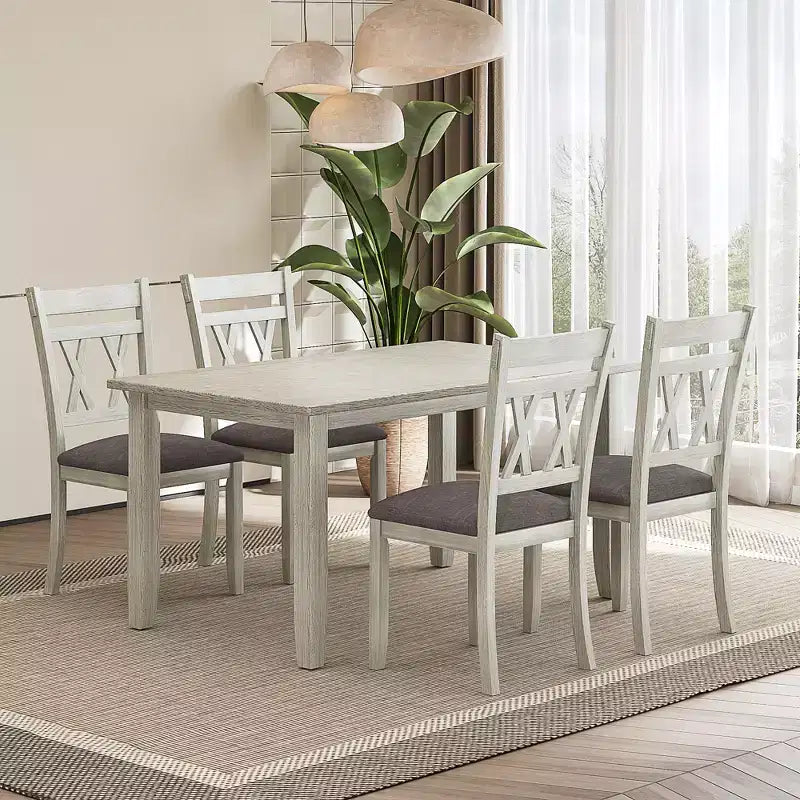 Set tavolo da pranzo VECELO in stile rustico, tavolo in legno di gomma con 4/6 sedie imbottite, grigio