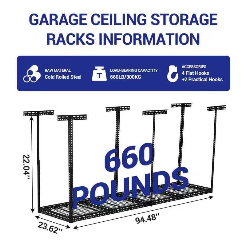 Scaffale da garage a soffitto, ripiani in acciaio con capacità, altezza regolabile 22-40 pollici, salvaspazio per soffitta cantina capannone (4/6 montanti)