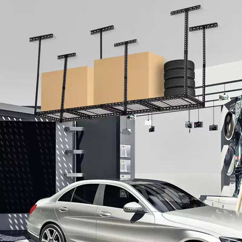 Scaffale da garage a soffitto, ripiani in acciaio con capacità, altezza regolabile 22-40 pollici, salvaspazio per soffitta cantina capannone (4/6 montanti)