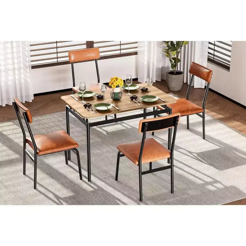 Set da tavolo da pranzo da 5 pezzi, tavolo da cucina in legno marrone con 4 sedie imbottite in PU, tavolo da pranzo con struttura in metallo salvaspazio, per sala da pranzo