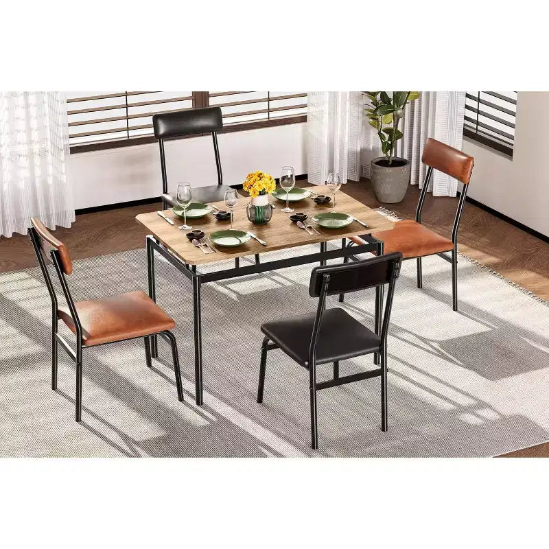 Set da tavolo da pranzo da 5 pezzi, tavolo da cucina in legno marrone con 4 sedie imbottite in PU, tavolo da pranzo con struttura in metallo salvaspazio, per sala da pranzo