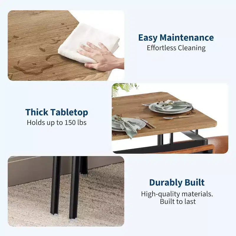 Set da tavolo da pranzo da 5 pezzi, tavolo da cucina in legno marrone con 4 sedie imbottite in PU, tavolo da pranzo con struttura in metallo salvaspazio, per sala da pranzo