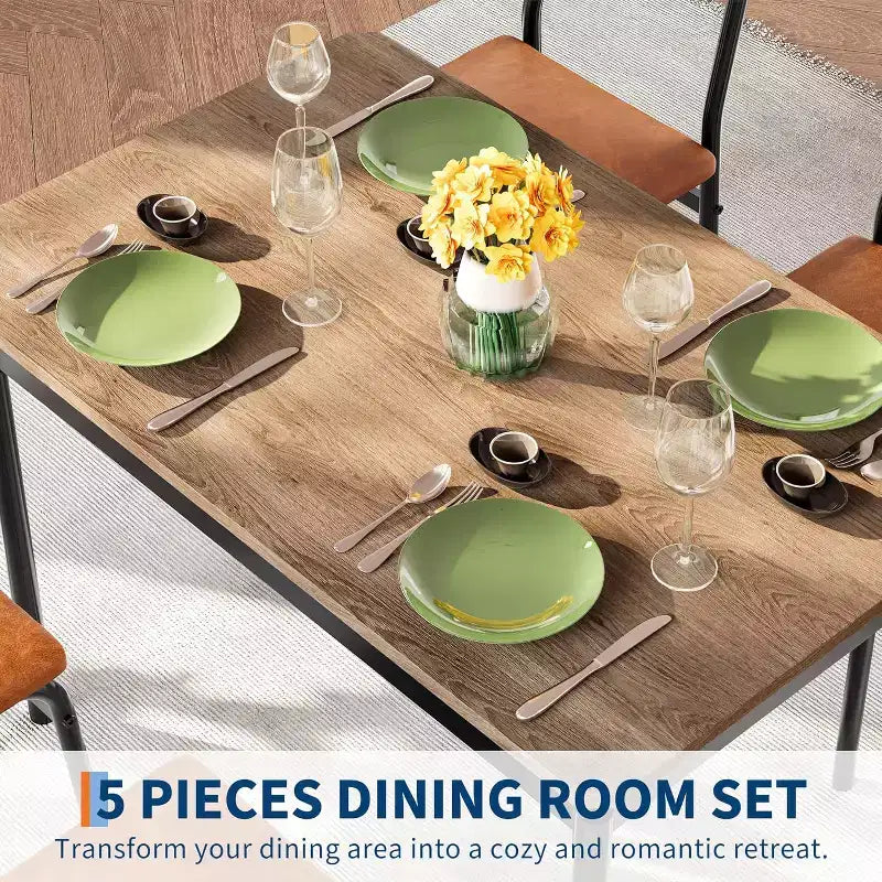 Set da tavolo da pranzo da 5 pezzi, tavolo da cucina in legno marrone con 4 sedie imbottite in PU, tavolo da pranzo con struttura in metallo salvaspazio, per sala da pranzo