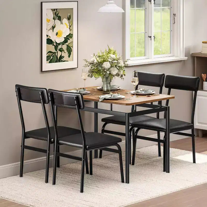 Set da tavolo da pranzo da 5 pezzi, tavolo da cucina in legno marrone con 4 sedie imbottite in PU, tavolo da pranzo con struttura in metallo salvaspazio, per sala da pranzo
