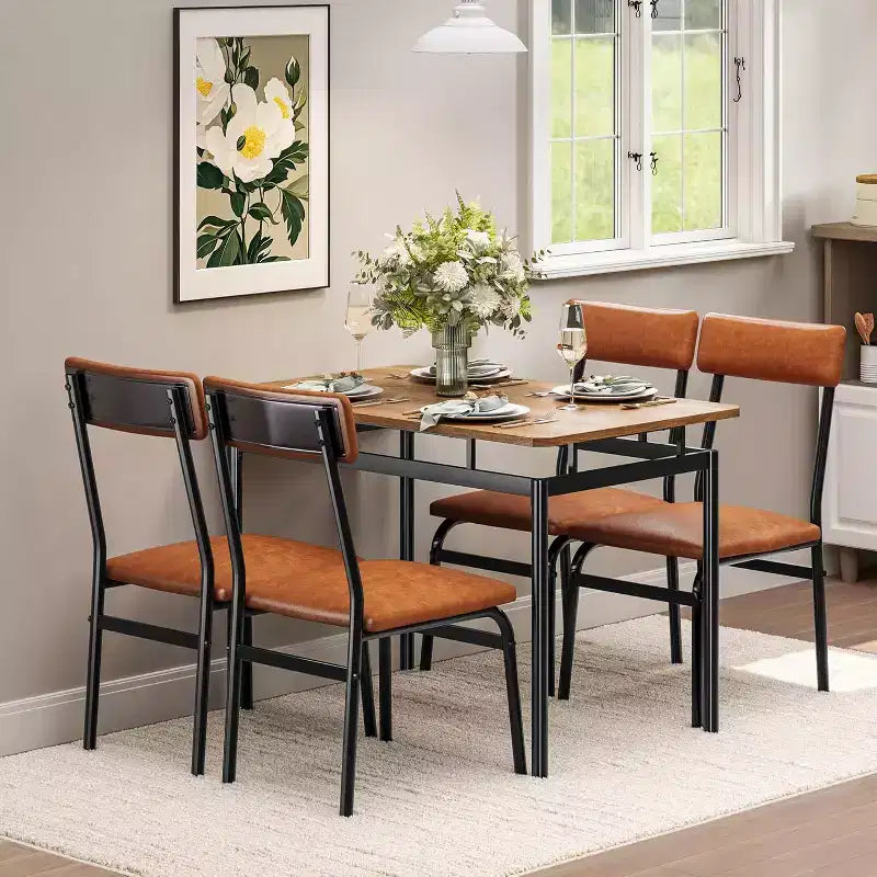 Set da tavolo da pranzo da 5 pezzi, tavolo da cucina in legno marrone con 4 sedie imbottite in PU, tavolo da pranzo con struttura in metallo salvaspazio, per sala da pranzo