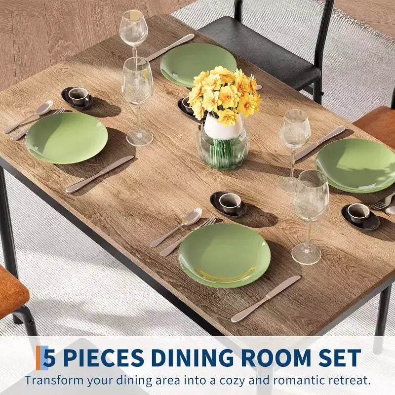 Set da tavolo da pranzo da 5 pezzi, tavolo da cucina in legno marrone con 4 sedie imbottite in PU, tavolo da pranzo con struttura in metallo salvaspazio, per sala da pranzo
