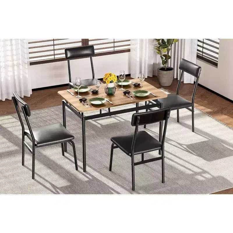 Set da tavolo da pranzo da 5 pezzi, tavolo da cucina in legno marrone con 4 sedie imbottite in PU, tavolo da pranzo con struttura in metallo salvaspazio, per sala da pranzo