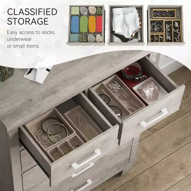 Comò per camera da letto con 6 cassetti, cassettiera alta grigia da 45 con spazio contenitivo, cassettiera grande per armadio, mobiletto contenitore in legno per ingresso
