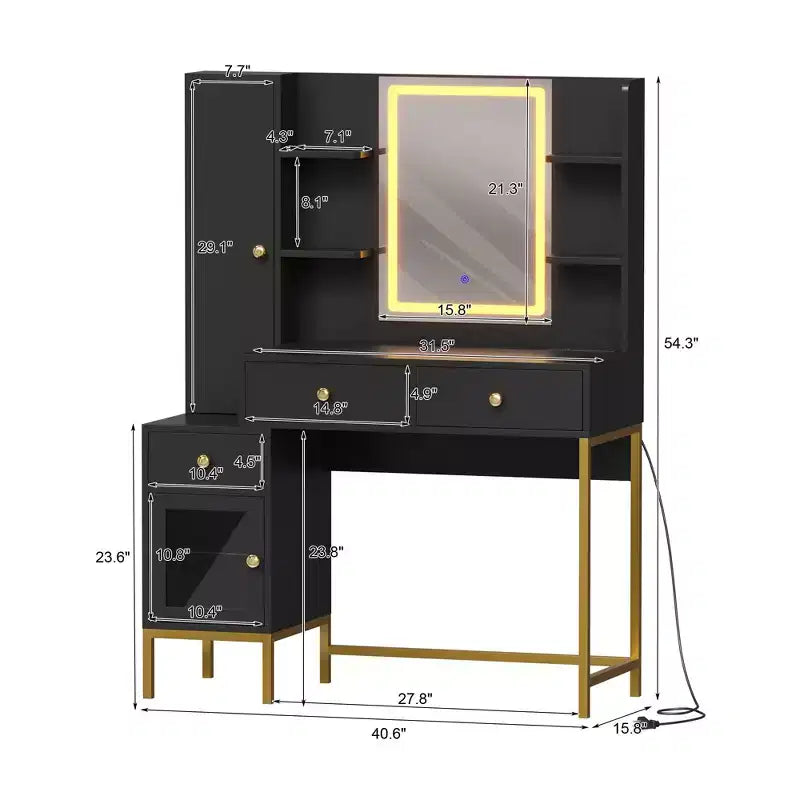 Toeletta Trucco con Specchio Illuminato, Scrivania da Trucco con Luci a 3 Colori, Toeletta Bianca con Stazione di Ricarica, Mobile Visibile con Luci a Led