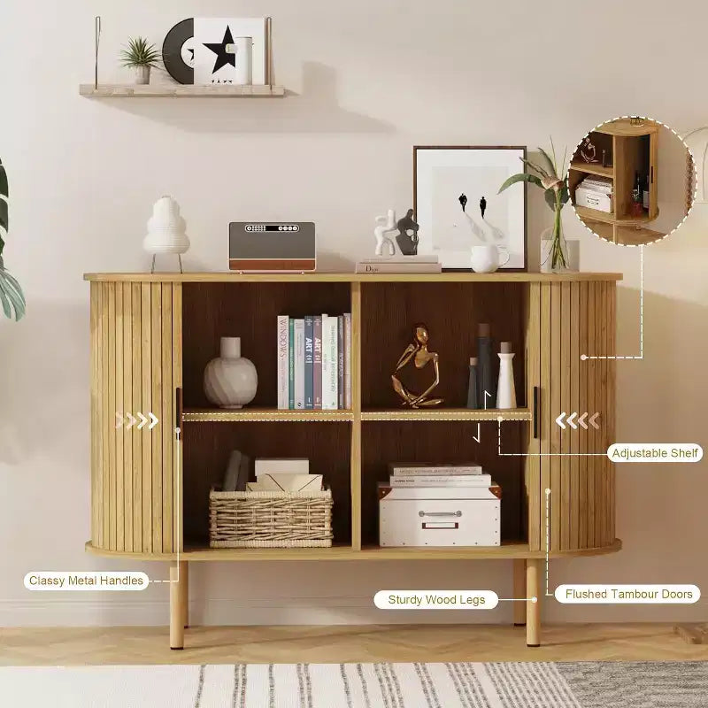 Credenza con ante scorrevoli scanalate da 47", mobile contenitore moderno in legno con ripiani regolabili, per soggiorno, cucina, sala da pranzo