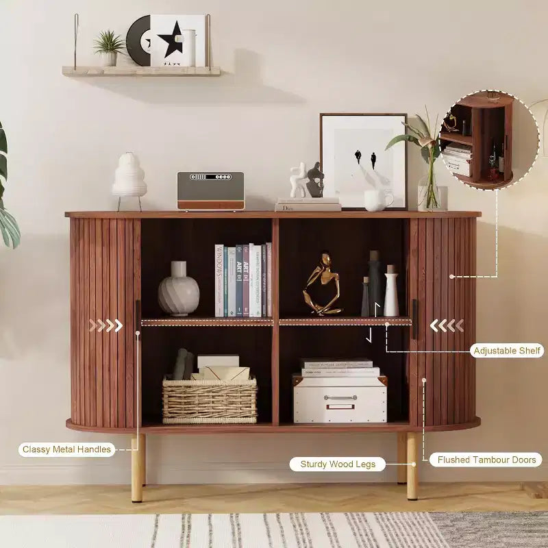 Credenza con ante scorrevoli scanalate da 47", mobile contenitore moderno in legno con ripiani regolabili, per soggiorno, cucina, sala da pranzo