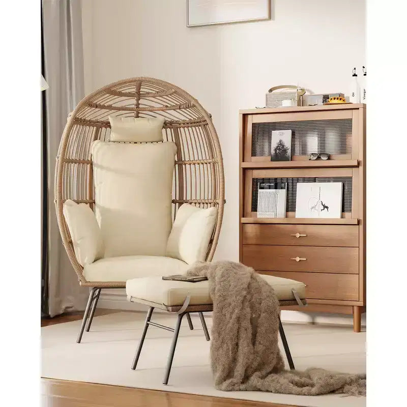 Sedia a Uovo in Vimini con Pouf, Poltrona a Cesto a Uovo con Cuscino Spesso, Comoda Poltrona a Uovo in Rattan per Interni Esterni Patio Portico Giardino