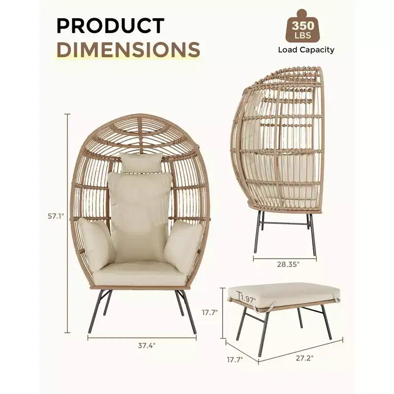 Sedia a Uovo in Vimini con Pouf, Poltrona a Cesto a Uovo con Cuscino Spesso, Comoda Poltrona a Uovo in Rattan per Interni Esterni Patio Portico Giardino