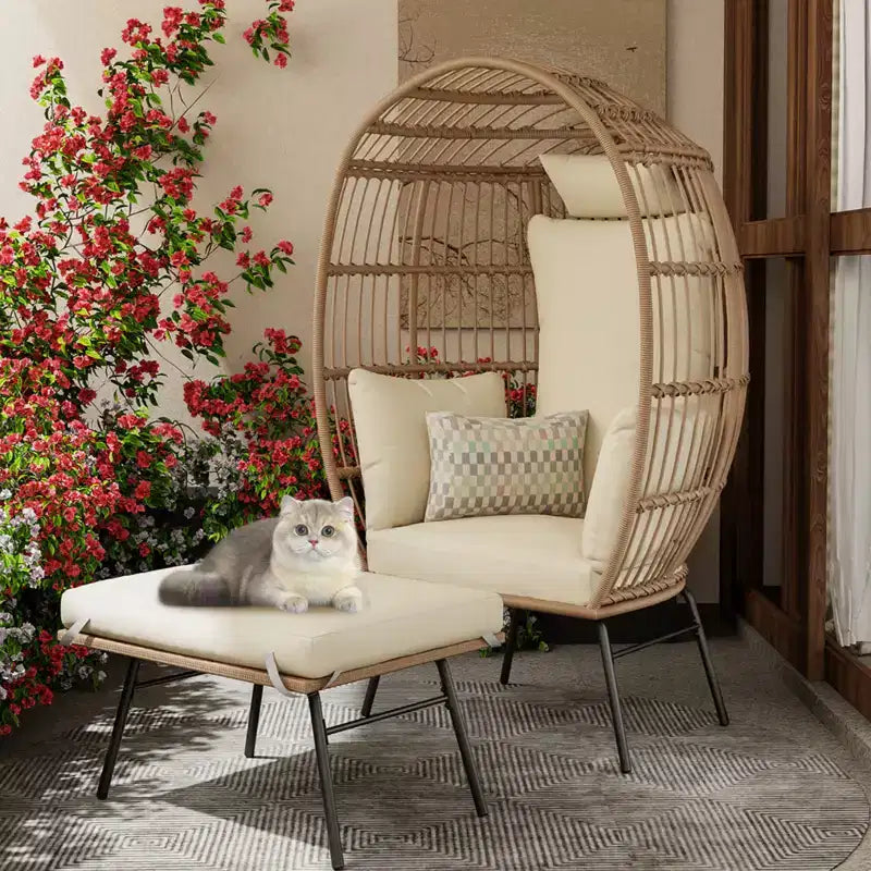 Sedia a Uovo in Vimini con Pouf, Poltrona a Cesto a Uovo con Cuscino Spesso, Comoda Poltrona a Uovo in Rattan per Interni Esterni Patio Portico Giardino