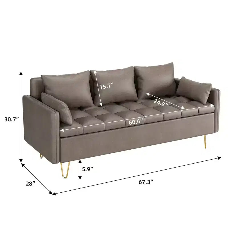 GustoWave Divano a 3 posti da 170 cm con contenitore sotto i cuscini del sedile, divano moderno di metà secolo con comodi braccioli e 5 cuscini