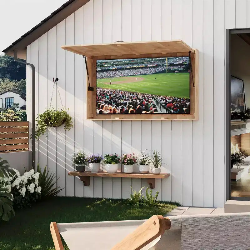 Protezione per TV da esterno in legno, 48 pollici, scatola rigida impermeabile regolabile, con copertura extra e staffa telescopica, marrone