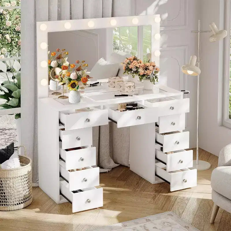 Toeletta con Specchio, Luci LED e Presa di Corrente, Tavolo da Trucco con 11 Cassetti, Scrivania da Trucco per Camera da Letto, Spogliatoio (Bianco)