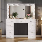 Toeletta con Specchio, Luci LED e Presa di Corrente, Tavolo da Trucco con 11 Cassetti, Scrivania da Trucco per Camera da Letto, Spogliatoio (Bianco)