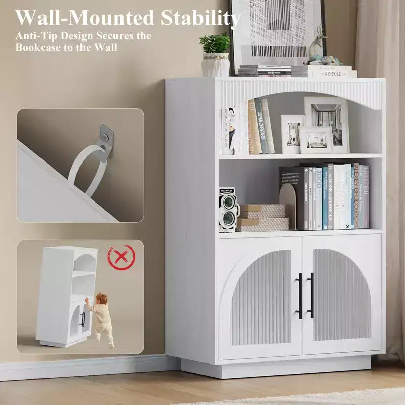 SOLACE FURNITURE Libreria 46 con Ante, Libreria Nera con Ante in Vetro, Libreria Piccola a 3 Ripiani