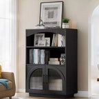 SOLACE FURNITURE Libreria 46 con Ante, Libreria Nera con Ante in Vetro, Libreria Piccola a 3 Ripiani