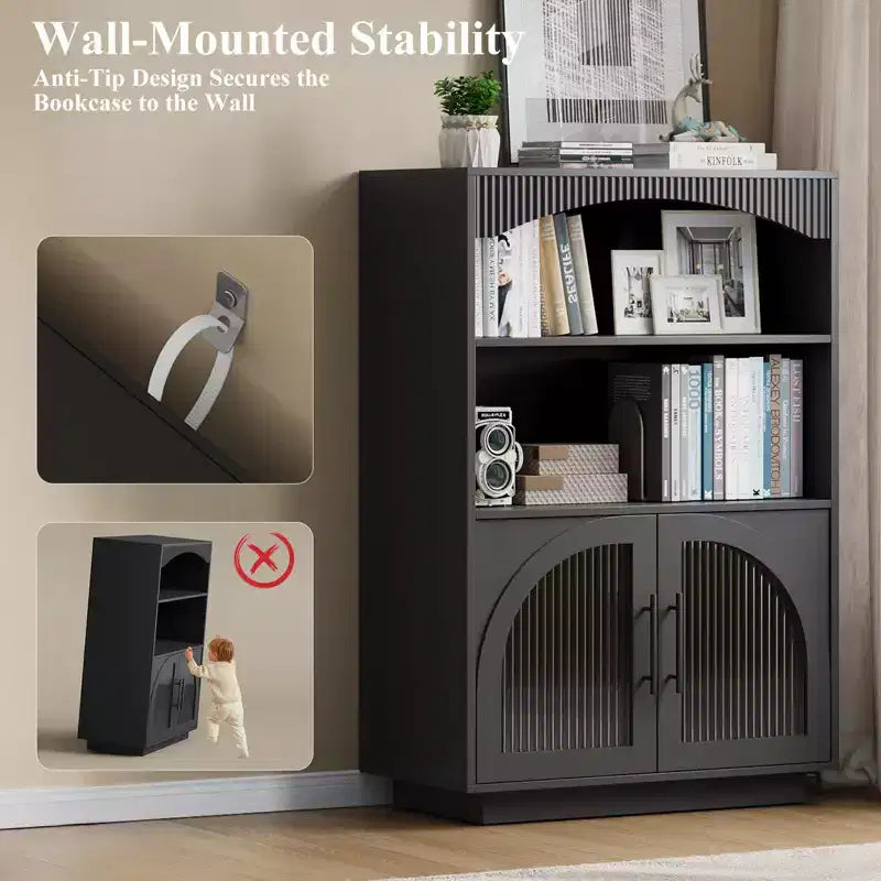 SOLACE FURNITURE Libreria 46 con Ante, Libreria Nera con Ante in Vetro, Libreria Piccola a 3 Ripiani