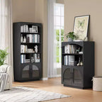 SOLACE FURNITURE Libreria 46 con Ante, Libreria Nera con Ante in Vetro, Libreria Piccola a 3 Ripiani
