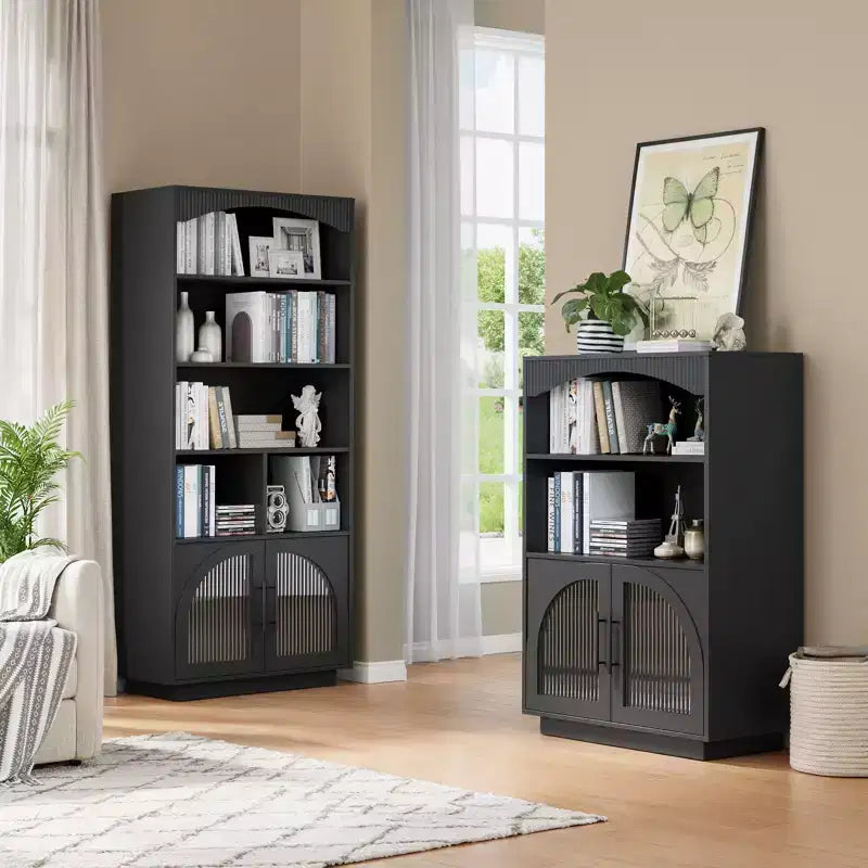 SOLACE FURNITURE Libreria 46 con Ante, Libreria Nera con Ante in Vetro, Libreria Piccola a 3 Ripiani
