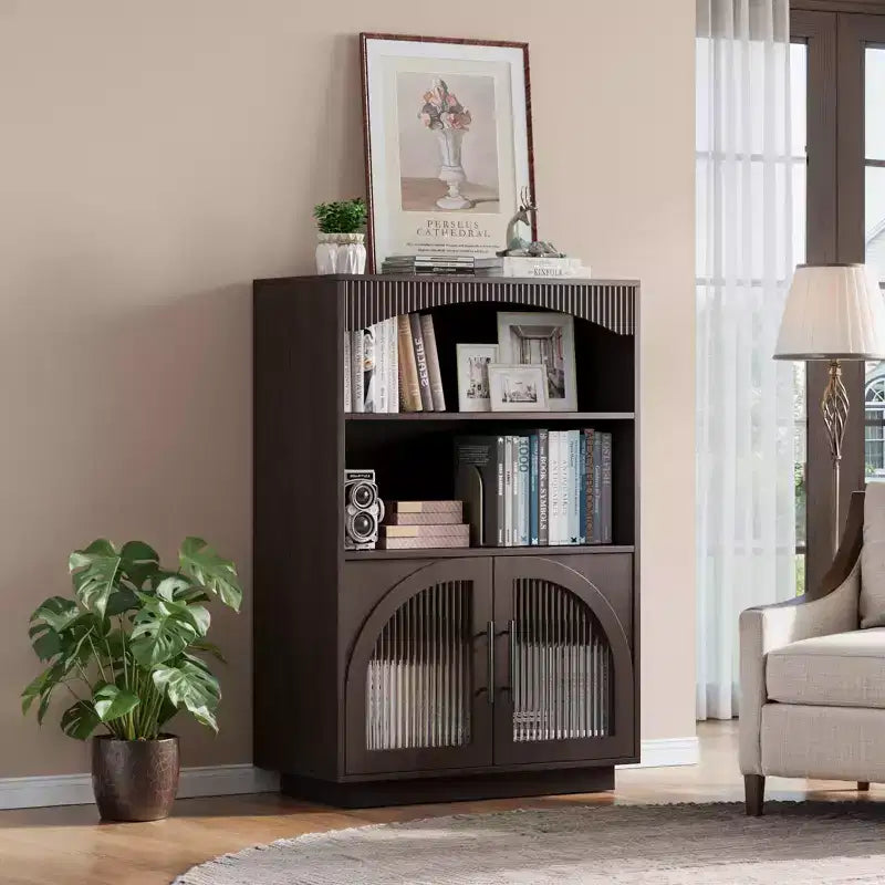 SOLACE FURNITURE Libreria 46 con Ante, Libreria Nera con Ante in Vetro, Libreria Piccola a 3 Ripiani