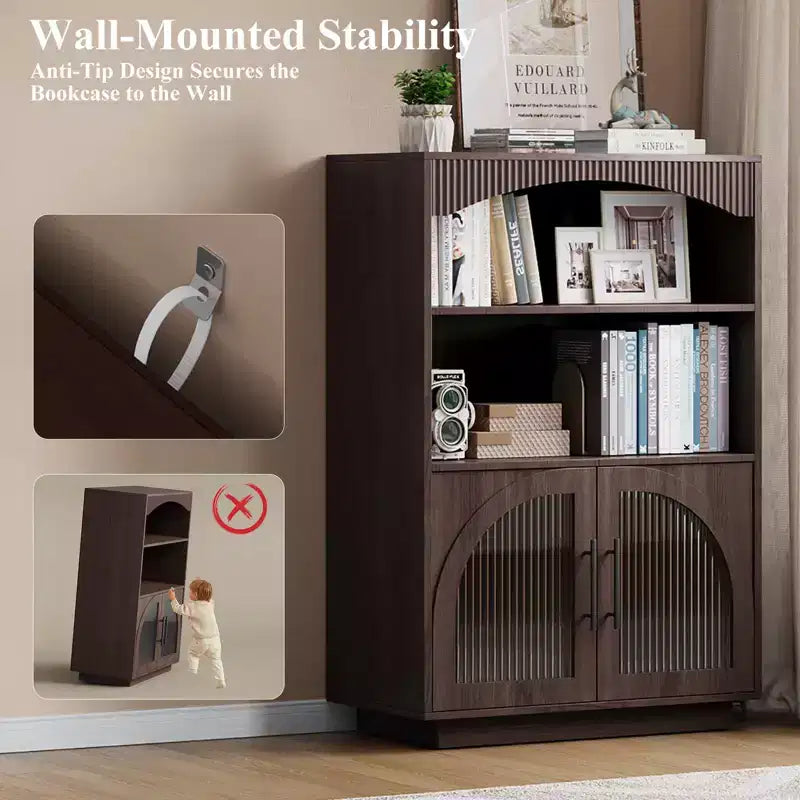 SOLACE FURNITURE Libreria 46 con Ante, Libreria Nera con Ante in Vetro, Libreria Piccola a 3 Ripiani
